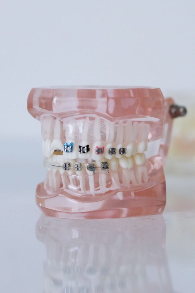 Dentist showing crown and bridge options to a patient at a dental clinic in Thornhill